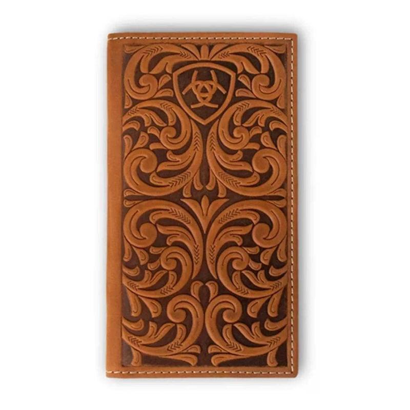 Ariat Men's Leather Rodeo Embossed Scrolling Logo Brown Wallet Money Clip