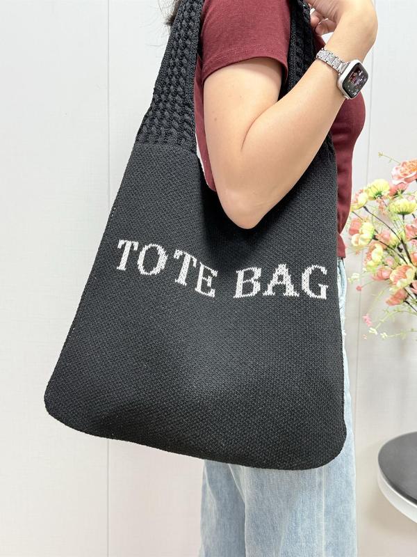 Women's Solid Color Crochet Tote Bag, Tote Bags for School Fashionable Minimalist Shoulder Bag for Daily Life, Casual Trendy Versatile Large Capacity Commuting Bag