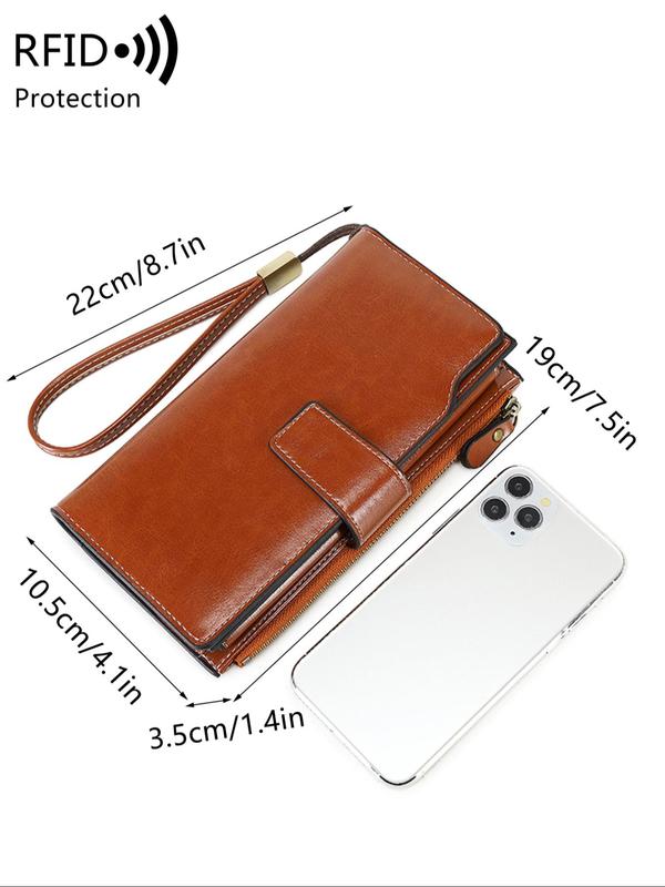 Women's Solid Color Long Wallet, Casual Multi-functional Zipper Wallet with Wrist Strap, Casual Trendy Versatile High-quality Wallet for Daily Use