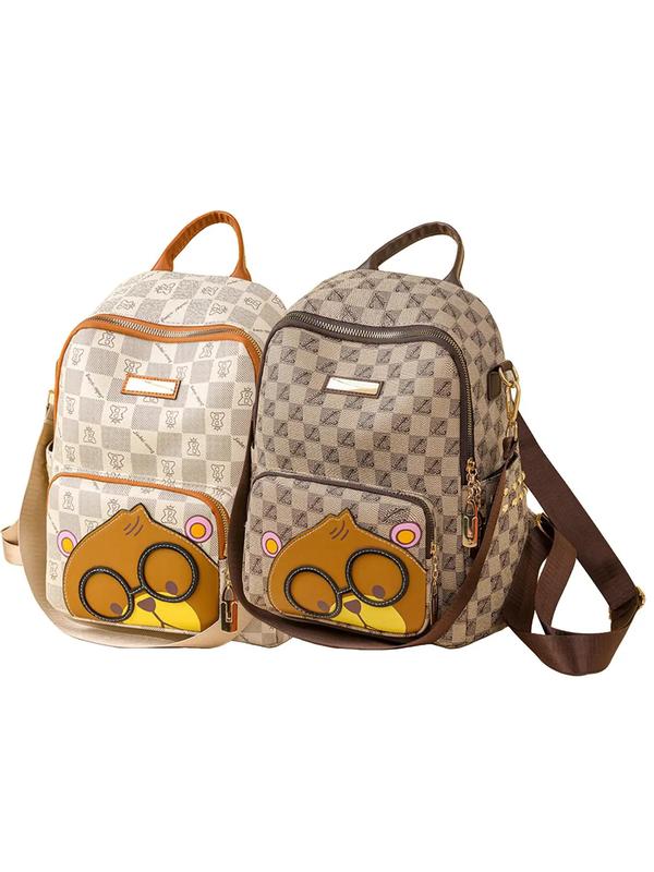 Cute Cartoon Bear Pattern Backpack, Fashionable Plaid Print Zipper Backpack for Women & Men, Large Capacity Bookbag for Daily Used and Worked