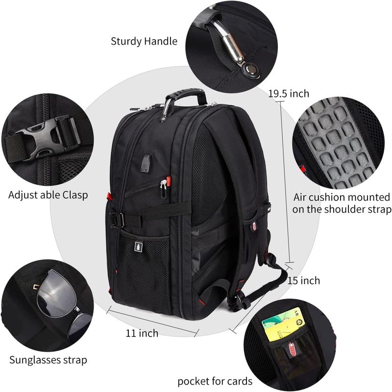 Extra Large 52L Travel Laptop Backpack with USB Charging Port, College High School Backpack Airline Approved Business Work Bag Fit 17 Inch Laptops for Men Women,Black