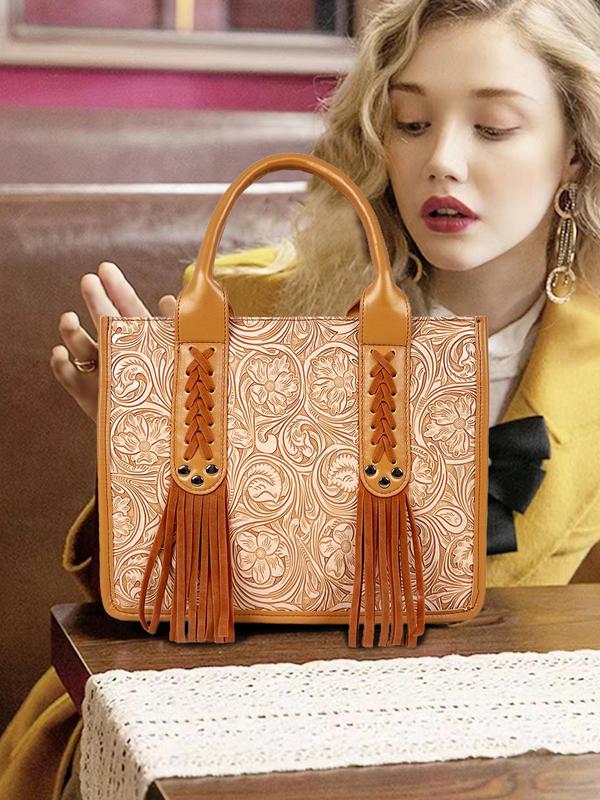 Women's Boho Style Floral Embossed Tote Bag, Fashionable Flower Decorated Handbag with Tassel, Casual Trendy Versatile Daily Commuting Bag, Girl Fashionable Shopping Bag