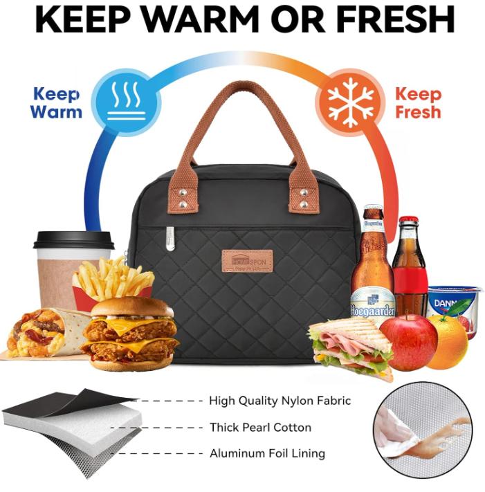 Insulated Lunch Bag for Women Men Adults Lunch Tote with Front Pocket Lunch Box Container Cooler Bag for Work Picnic (Black)