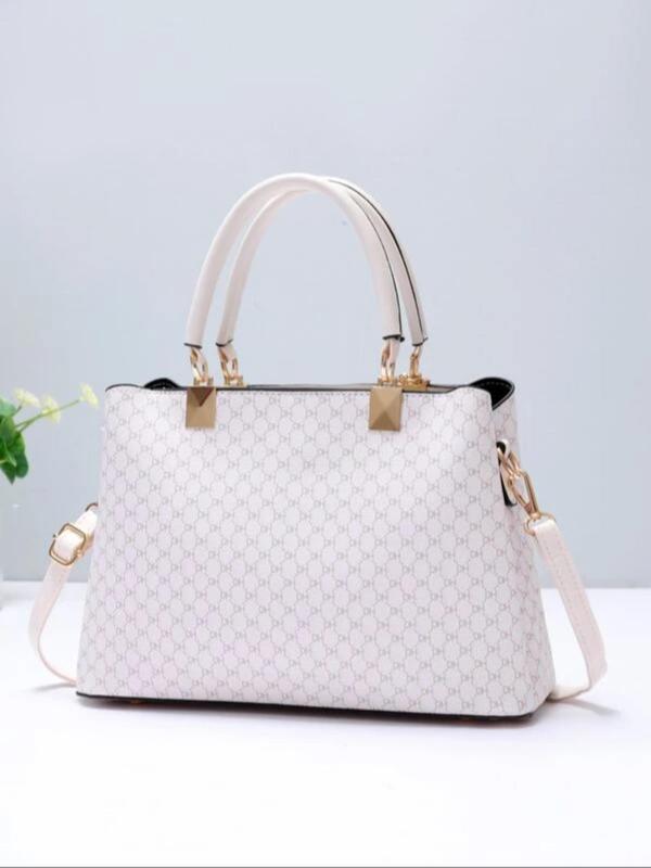 Retro Fashion Pu Leather Handbag, Casual Versatile Zipper Shoulder Bag with Faux Pearl & Leaf Charm, Simple All-match Bag for Daily Life & Work