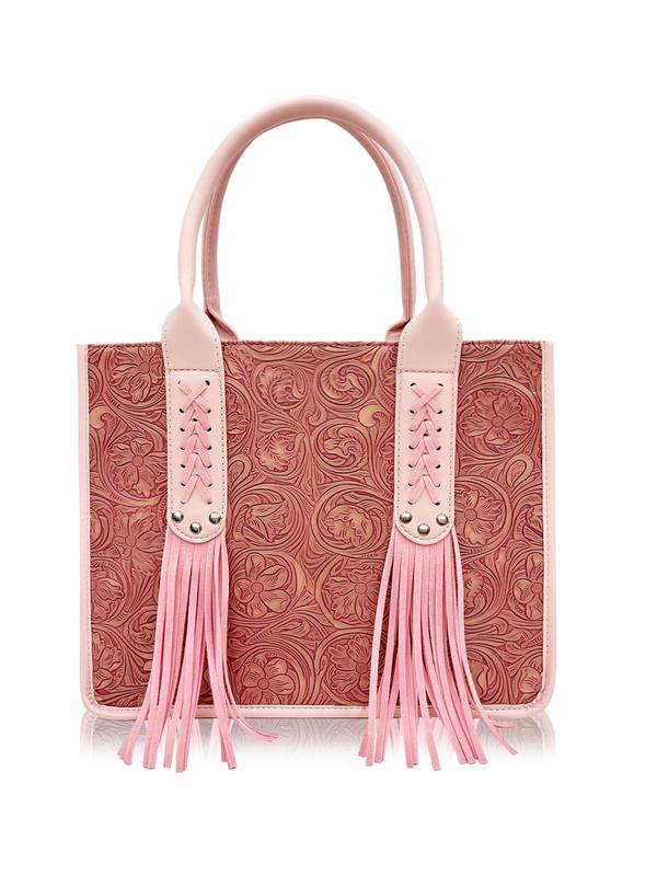 Women's Boho Style Floral Embossed Tote Bag, Fashionable Flower Decorated Handbag with Tassel, Casual Trendy Versatile Daily Commuting Bag, Girl Fashionable Shopping Bag