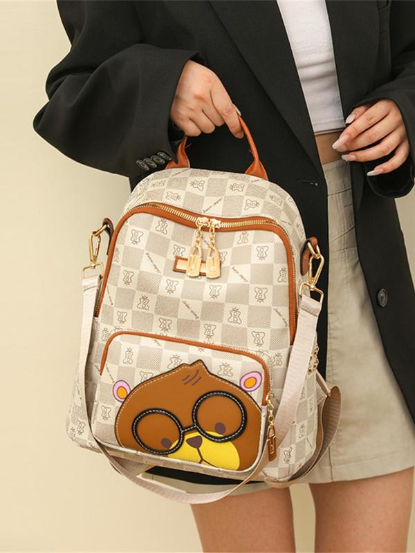 Cute Cartoon Bear Pattern Backpack, Fashionable Plaid Print Zipper Backpack for Women & Men, Large Capacity Bookbag for Daily Used and Worked