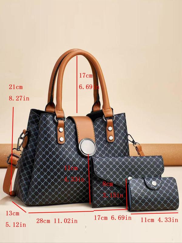 Women's Fashionable Geometric Pattern Lux Bag Set, Large Capacity Shoulder Bag & Clutch & Wallet, Casual Trendy Versatile High-quality Daily Commuting Bag Set