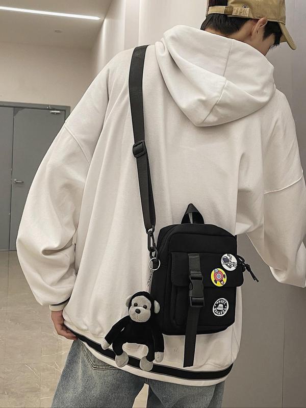 Men's Casual Solid Color Crossbody Bag, Lightweight Travel Crossbody Bag with Monkey Bag Charm, Male Basic All-match Zipper Square Bag for Daily Wear, Perfect for Student for Outdoor