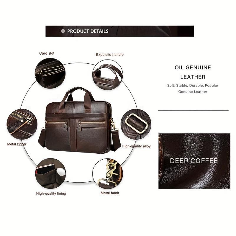 Genuine Leather Briefcase, 14.9 Inch Laptop Compartment, Business Messenger Bag