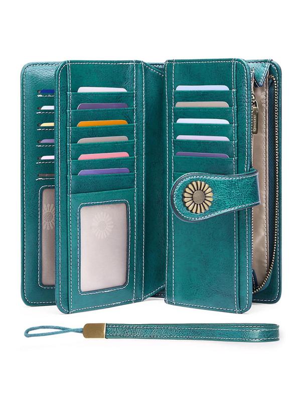 Genuine Leather Women's Fashionable Leather Long Wallet, Casual Large Capacity Rfid Blocking Credit Card Holder with Card Slots, Versatile Wristlet Handbag Wallet