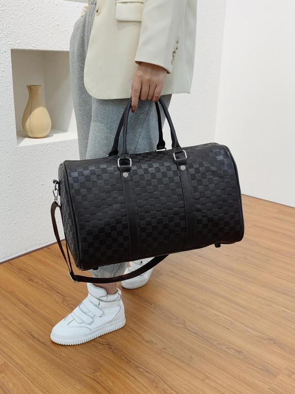 Fashion Checkerboard Pattern Pu Leather Zipper Travel Bag & Duffel Bag, Large Capacity Luggage for Women & Men, Casual Sports Fitness Bag for Travel & Business