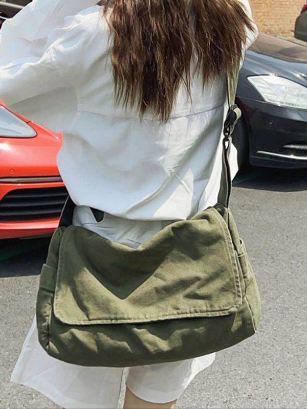 Women's Solid Color Canvas Crossbody Bag, Fashionable Vintage Zipper Messenger Bag for Daily Used, Casual Trendy Versatile High-quality Daily Commuting Bag