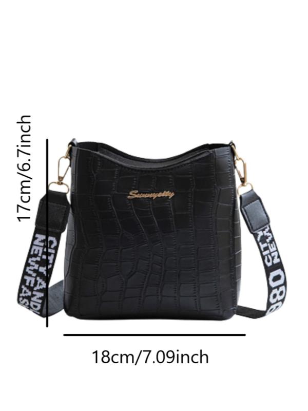 Women's Fashionable Letter Design Crocodile Embossed Crossbody Bag, Casual Plain Crossbody Bag with Letter Pattern Design Adjustable Strap For Work & Daily Used