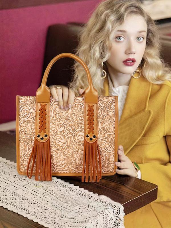 Women's Boho Style Floral Embossed Tote Bag, Fashionable Flower Decorated Handbag with Tassel, Casual Trendy Versatile Daily Commuting Bag, Girl Fashionable Shopping Bag