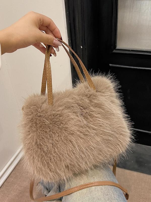 Women's Solid Color Fluffy Shoulder Bag, Fashionable Plush Crossbody Bag for Daily Used, Casual Trendy Versatile High-quality Daily Commuting Bag