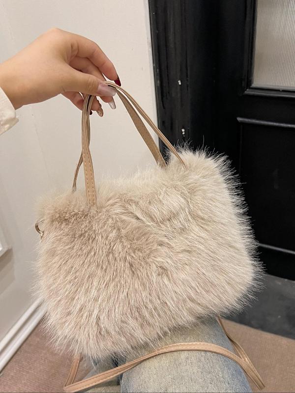 Women's Solid Color Fluffy Shoulder Bag, Fashionable Plush Crossbody Bag for Daily Used, Casual Trendy Versatile High-quality Daily Commuting Bag