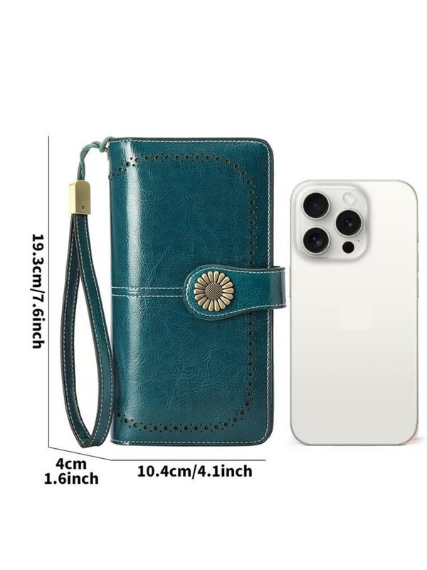 Genuine Leather Women's Fashionable Leather Long Wallet, Casual Large Capacity Rfid Blocking Credit Card Holder with Card Slots, Versatile Wristlet Handbag Wallet