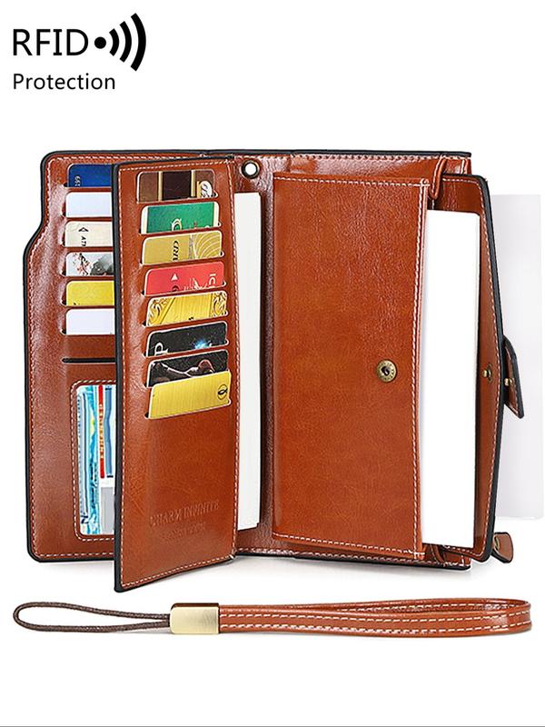 Women's Solid Color Long Wallet, Casual Multi-functional Zipper Wallet with Wrist Strap, Casual Trendy Versatile High-quality Wallet for Daily Use