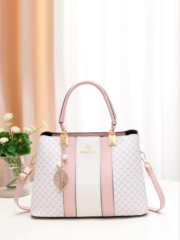 Retro Fashion Pu Leather Handbag, Casual Versatile Zipper Shoulder Bag with Faux Pearl & Leaf Charm, Simple All-match Bag for Daily Life & Work