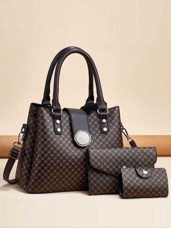 Women's Fashionable Geometric Pattern Lux Bag Set, Large Capacity Shoulder Bag & Clutch & Wallet, Casual Trendy Versatile High-quality Daily Commuting Bag Set