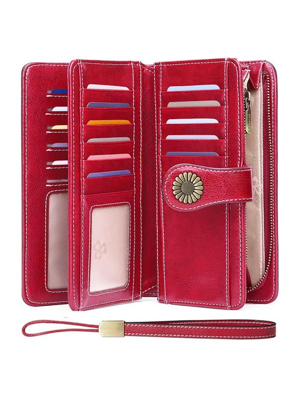 Genuine Leather Women's Fashionable Leather Long Wallet, Casual Large Capacity Rfid Blocking Credit Card Holder with Card Slots, Versatile Wristlet Handbag Wallet