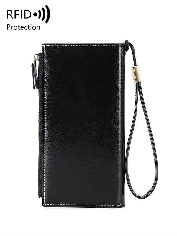 Women's Solid Color Long Wallet, Casual Multi-functional Zipper Wallet with Wrist Strap, Casual Trendy Versatile High-quality Wallet for Daily Use