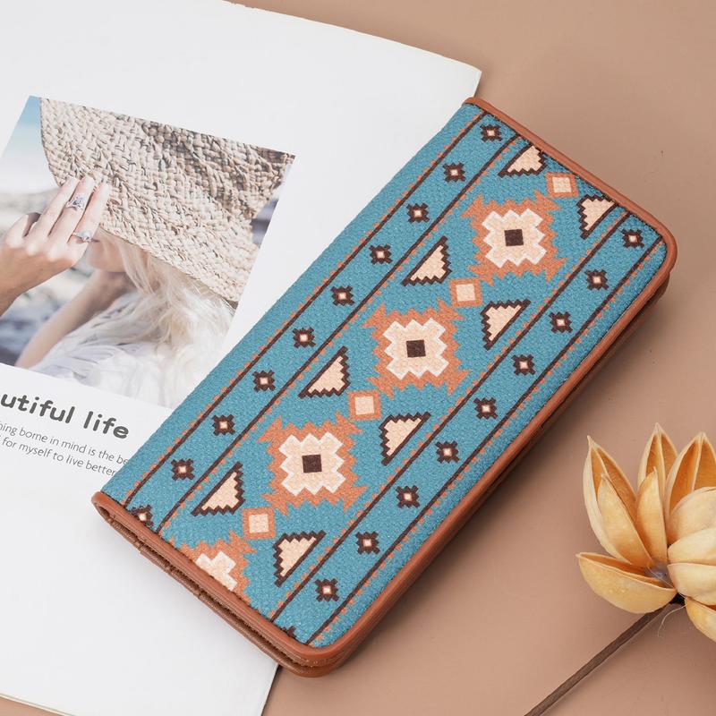 Women's Southwestern Pattern Canvas Wallet with RFID Blocking, Bifold Clutch, Long Billfold Compact Credit Card Holder