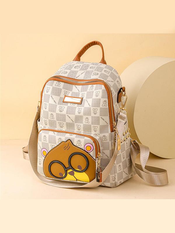 Cute Cartoon Bear Pattern Backpack, Fashionable Plaid Print Zipper Backpack for Women & Men, Large Capacity Bookbag for Daily Used and Worked