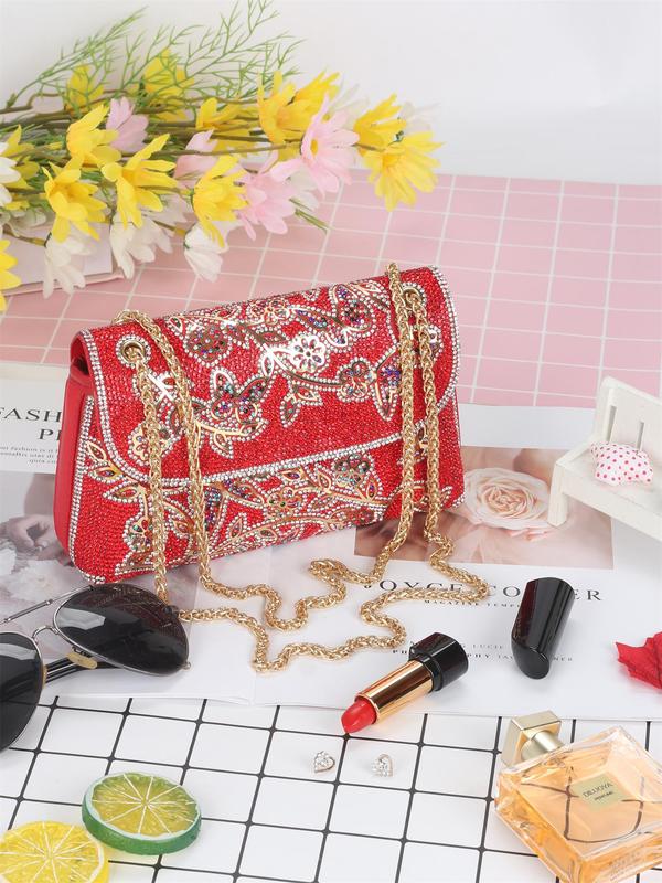 Women's Elegant Rhinestone Decor Evening Bag, Exquisite Butterfly & Floral Pattern Crossbody Bag with Chain Strap, Fashionable Bag for Banquet & Wedding Party