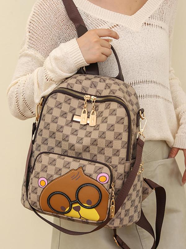 Cute Cartoon Bear Pattern Backpack, Fashionable Plaid Print Zipper Backpack for Women & Men, Large Capacity Bookbag for Daily Used and Worked