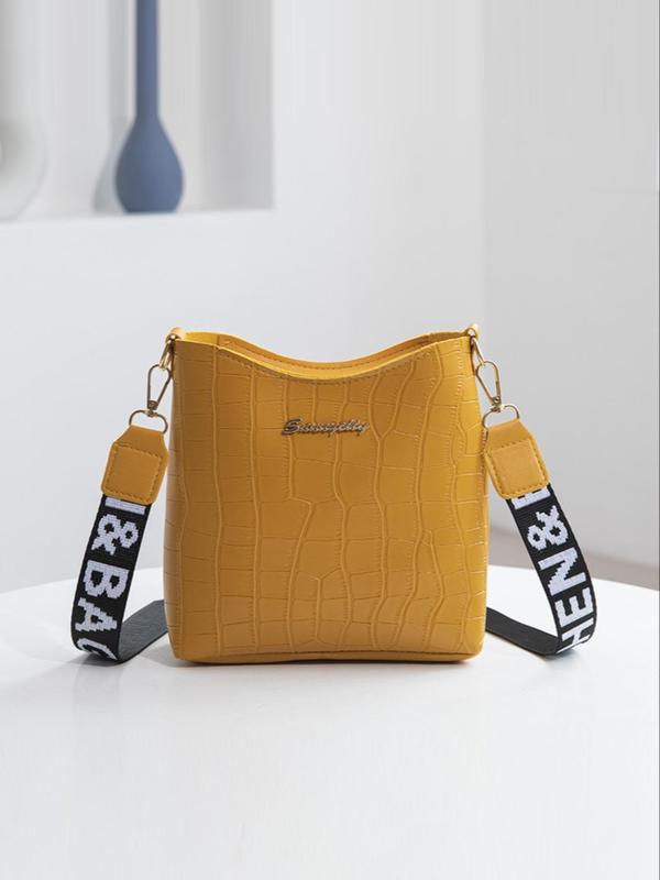 Women's Fashionable Letter Design Crocodile Embossed Crossbody Bag, Casual Plain Crossbody Bag with Letter Pattern Design Adjustable Strap For Work & Daily Used