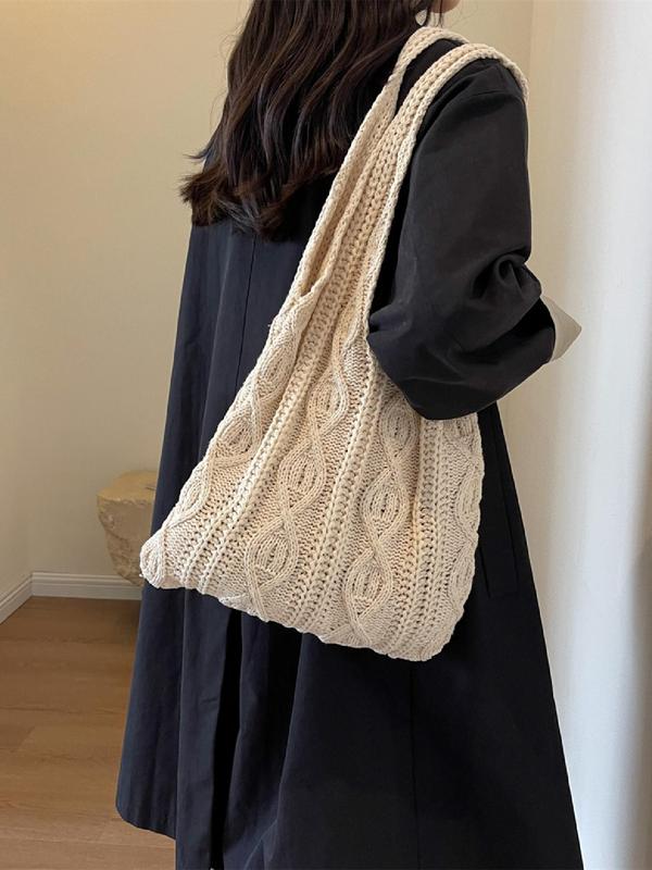 Women's Solid Color Crochet Tote Bag, Tote Bags for School Fashionable Minimalist Shoulder Bag for Daily Life, Casual Trendy Versatile Large Capacity Commuting Bag