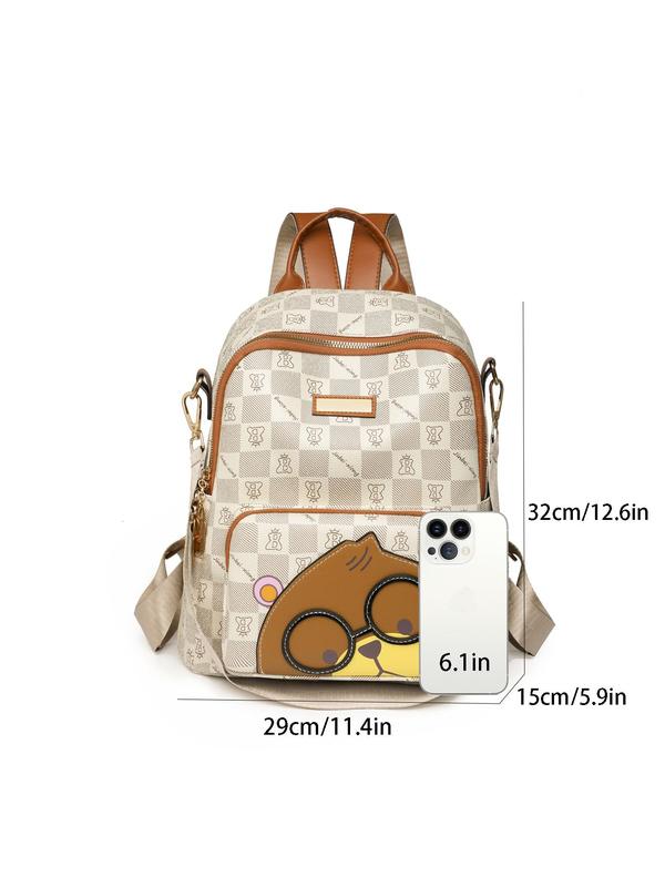 Cute Cartoon Bear Pattern Backpack, Fashionable Plaid Print Zipper Backpack for Women & Men, Large Capacity Bookbag for Daily Used and Worked