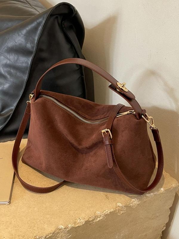 Women's Solid Color Suede Shoulder Bag, Fashionable Zipper Crossbody Bag for Daily Travel Work Commute, Casual Trendy Versatile High-quality Daily Commuting Bag