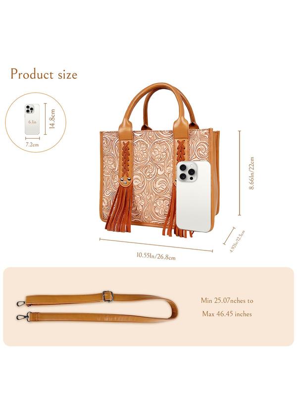 Women's Boho Style Floral Embossed Tote Bag, Fashionable Flower Decorated Handbag with Tassel, Casual Trendy Versatile Daily Commuting Bag, Girl Fashionable Shopping Bag