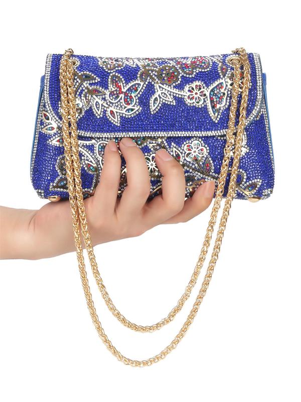 Women's Elegant Rhinestone Decor Evening Bag, Exquisite Butterfly & Floral Pattern Crossbody Bag with Chain Strap, Fashionable Bag for Banquet & Wedding Party