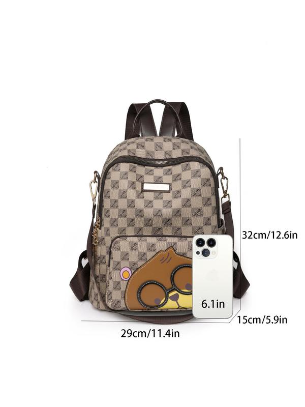 Cute Cartoon Bear Pattern Backpack, Fashionable Plaid Print Zipper Backpack for Women & Men, Large Capacity Bookbag for Daily Used and Worked