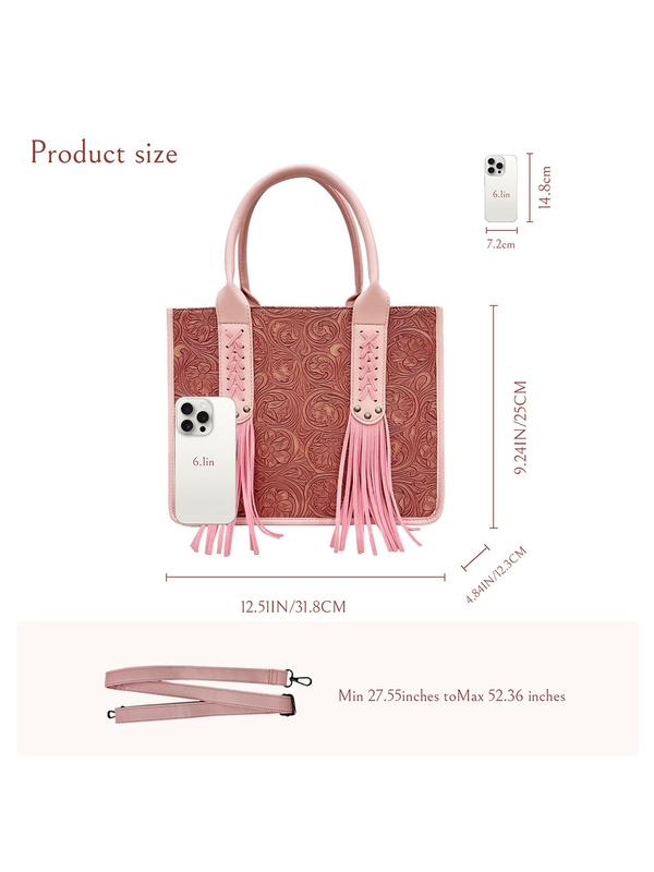 Women's Boho Style Floral Embossed Tote Bag, Fashionable Flower Decorated Handbag with Tassel, Casual Trendy Versatile Daily Commuting Bag, Girl Fashionable Shopping Bag