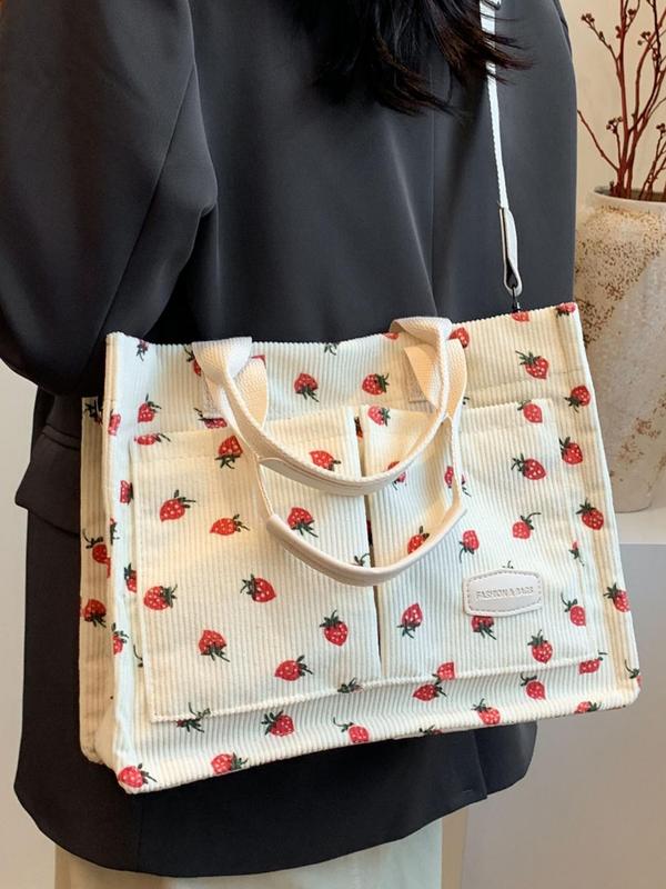 Women's Cute Strawberry Pattern Tote Bag, Large Capacity Crossbody Bag for Daily Life, Casual Trendy Versatile All-match Commuting Bag for Women & Girls