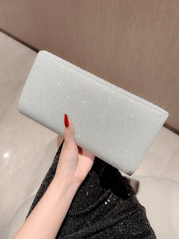 Women's Solid Pleated Clutch With Chain, Glitter Evening Shoulder Bag For Party, Trendy Elegant Women Bag