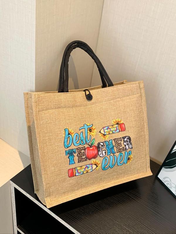 Cartoon Letters Teacher Pattern Handbag, Casual Large Capacity Tote Bag for Women & Girls, Trendy All-match Commuting Bag for Daily Use As Gift