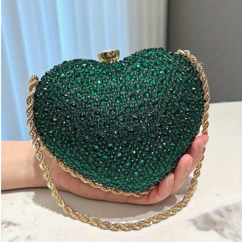 Statement Sparkle Rhinestone Clutch, Elegant Heart-Shaped, Chain Crossbody Bag, Red Green Black