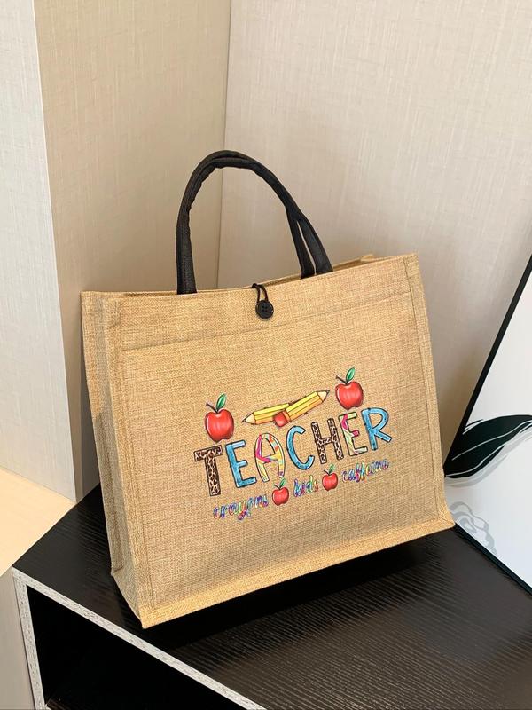 Cartoon Letters Teacher Pattern Handbag, Casual Large Capacity Tote Bag for Women & Girls, Trendy All-match Commuting Bag for Daily Use As Gift