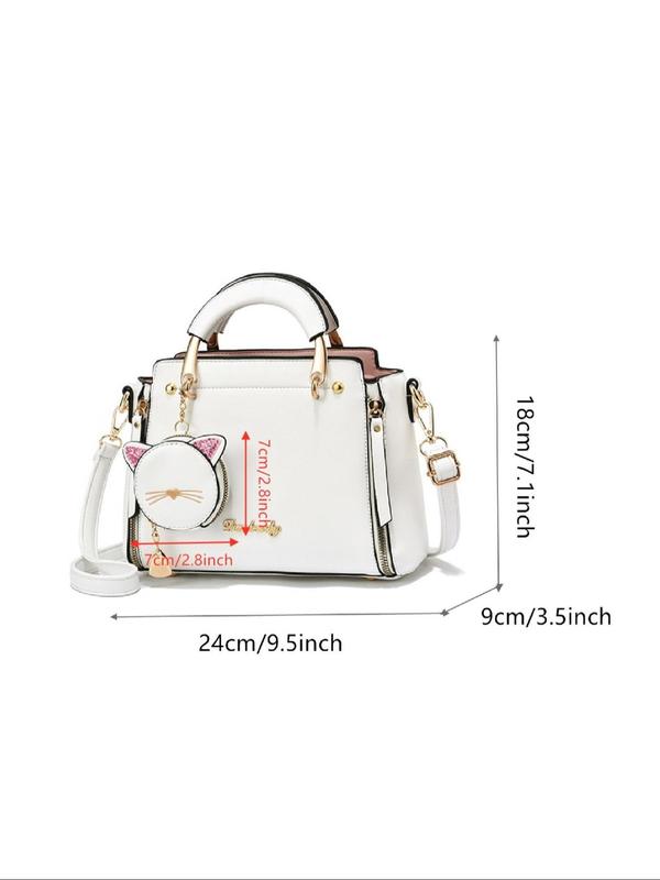 Women's Fashion Handbag & Cat Design Coin Purse, Casual Versatile Shoulder Bag & Coin Purse, Trendy All-match Bag Set for Daily Use