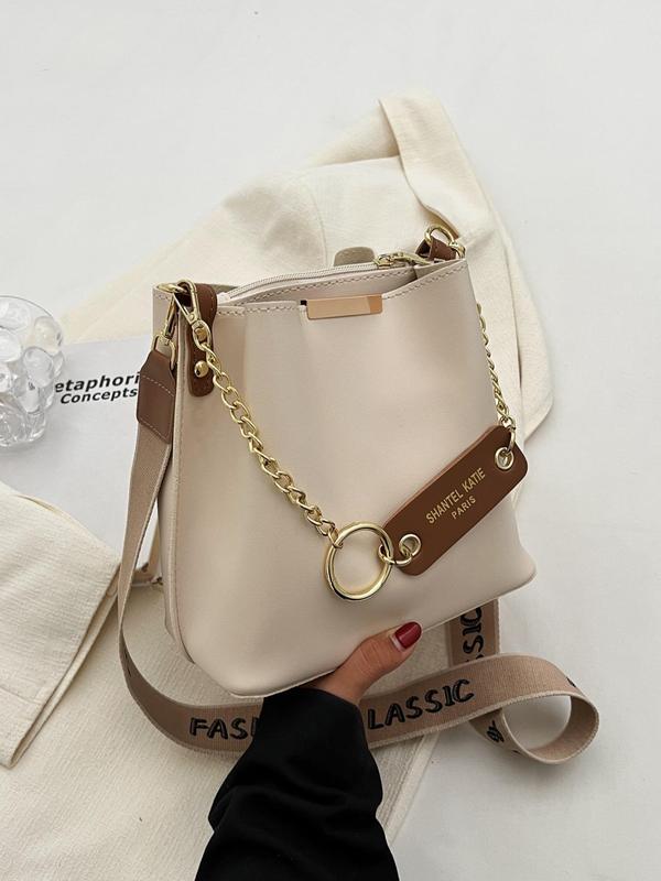 Women's Solid Color Crossbody Bucket Bag, 2024 New Summer Adjustable Chain Wide Letter Print Strap Shoulder Bag Back To School, Luxury Bags Crossbody Trendy Commuting Travel Bag, Fall Outfits, Earthtone Fall Freshness