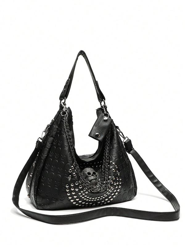 Women's Punk Style Studded Decor Tote Bag, Fashionable Skull Design Shoulder Bag for Daily Used, Casual Trendy Versatile High-quality Daily Commuting Bag