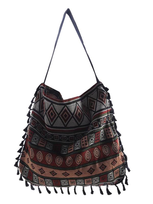 Women's Ethnic Pattern Fringe Design Tote Bag, Boho Style Large Capacity Shoulder Bag For Teen Girl Women College Student Perfect For Office, Work, Commute