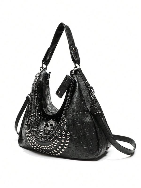 Women's Punk Style Studded Decor Tote Bag, Fashionable Skull Design Shoulder Bag for Daily Used, Casual Trendy Versatile High-quality Daily Commuting Bag