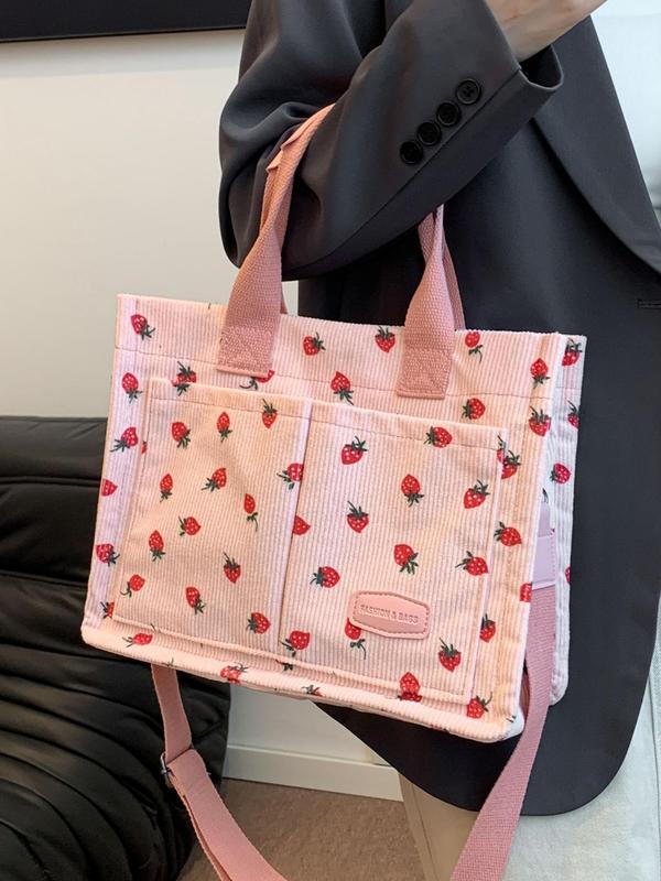 Women's Cute Strawberry Pattern Tote Bag, Large Capacity Crossbody Bag for Daily Life, Casual Trendy Versatile All-match Commuting Bag for Women & Girls