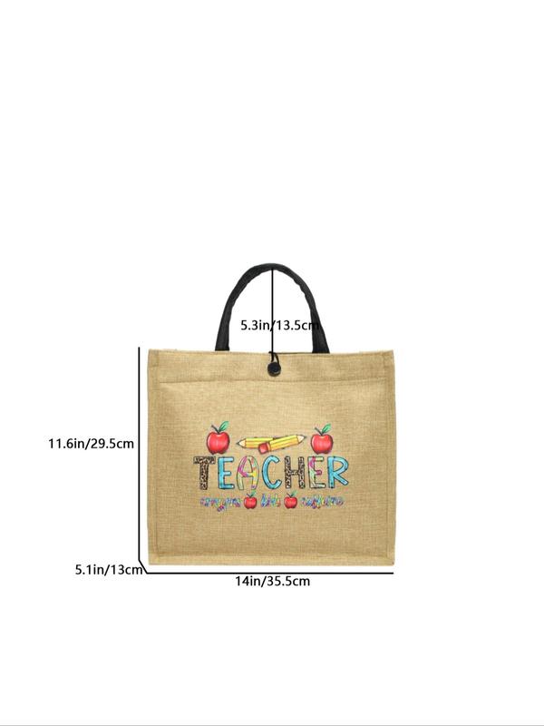 Cartoon Letters Teacher Pattern Handbag, Casual Large Capacity Tote Bag for Women & Girls, Trendy All-match Commuting Bag for Daily Use As Gift